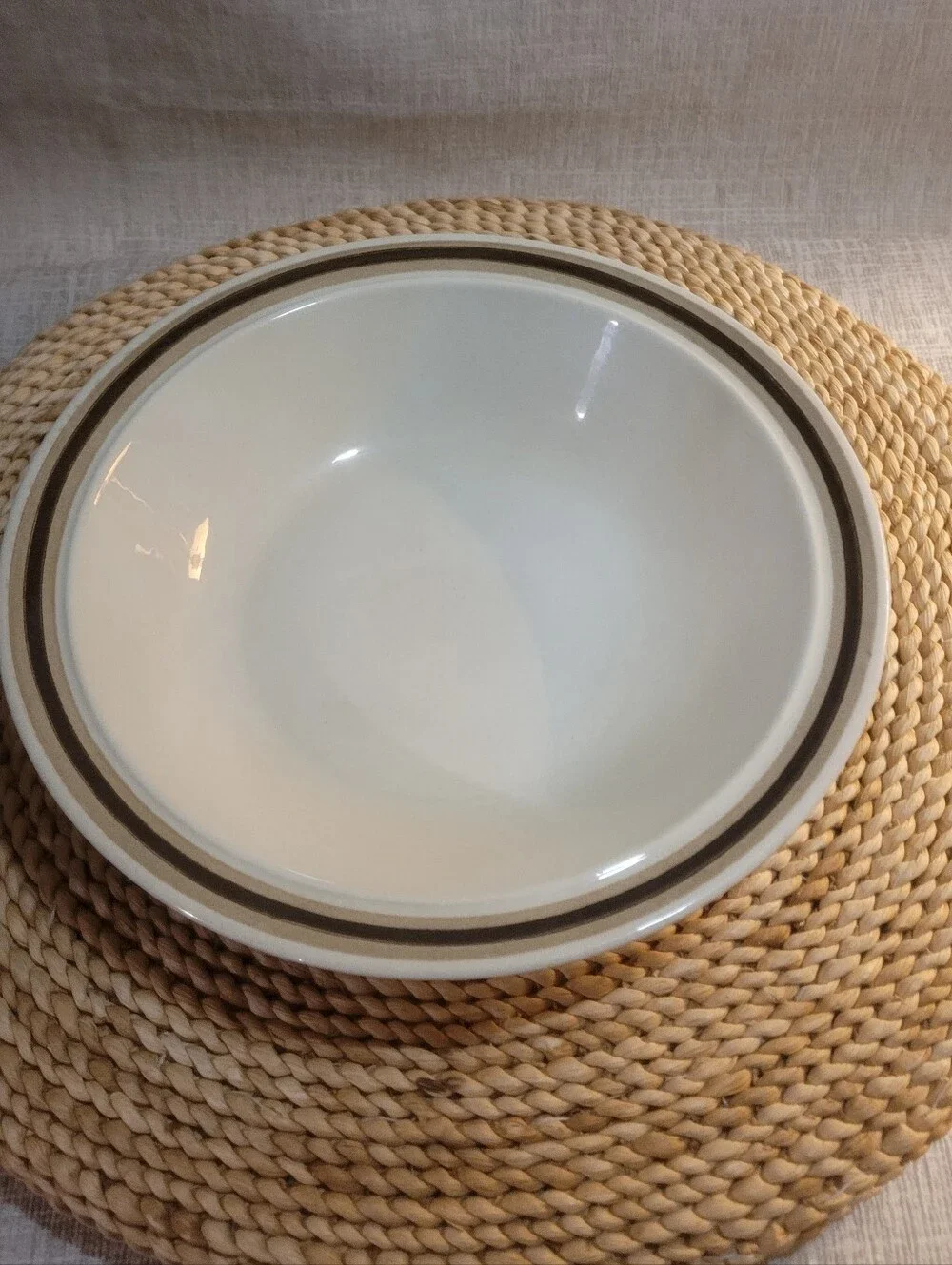 Classic White Stoneware Serving Bowl with Brown Rim. Vintage